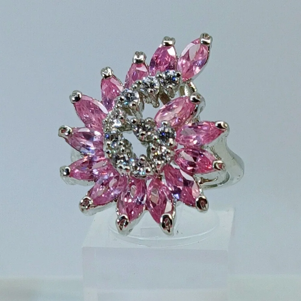 Vintage 1990s Pink Marquise Floral Swirl Cocktail Ring Silver Statement Size 8.5